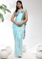 Silk Organza Sky Blue Party Wear Embroidery Work Ready To Wear Saree